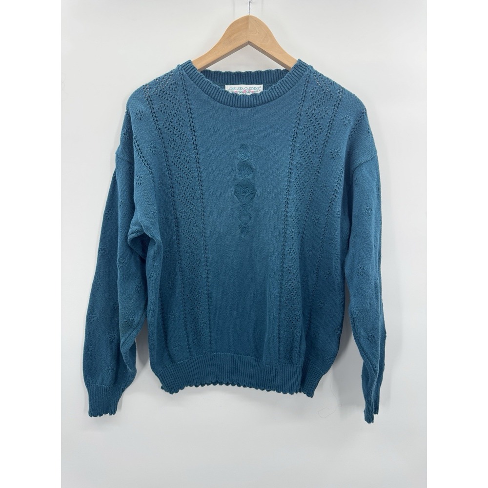 Vintage Womens Medium Cotton Sweater Blue Floral Embroidered Cottagecore USA